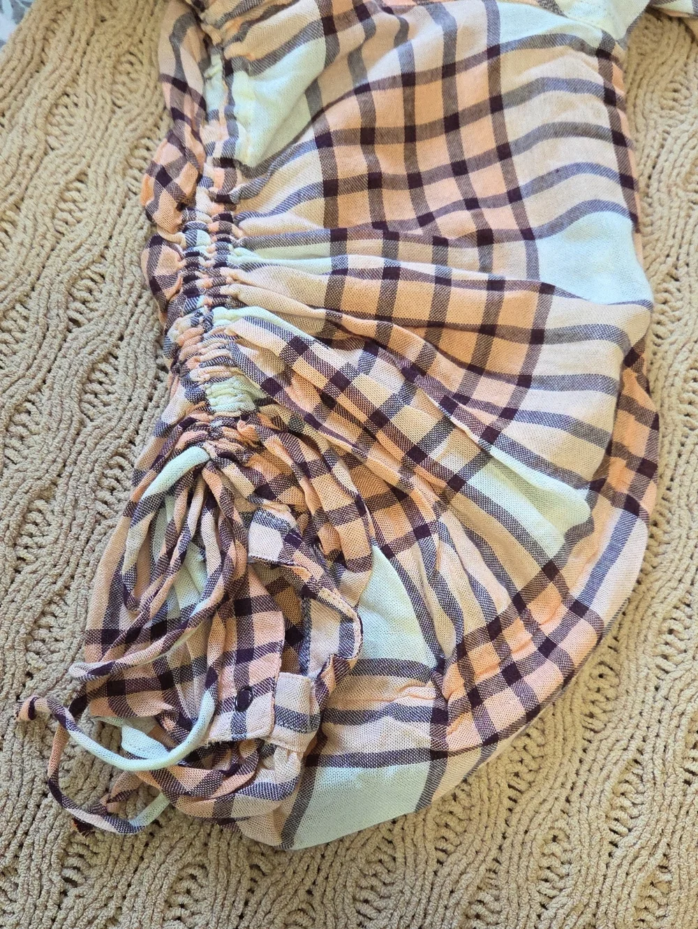 Free People Pacific Dawn Cinch Waist Snap Button Blouse Peach Tree Plaid - M